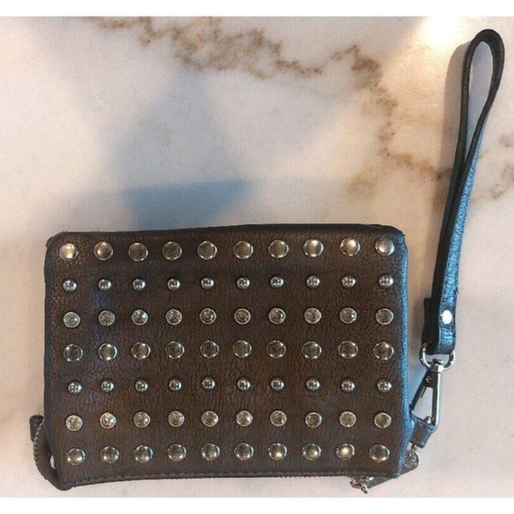 Charming Charlie Taupe Stud and Rhinestone Wristlet Wallet 7" X 5" X 1.5"